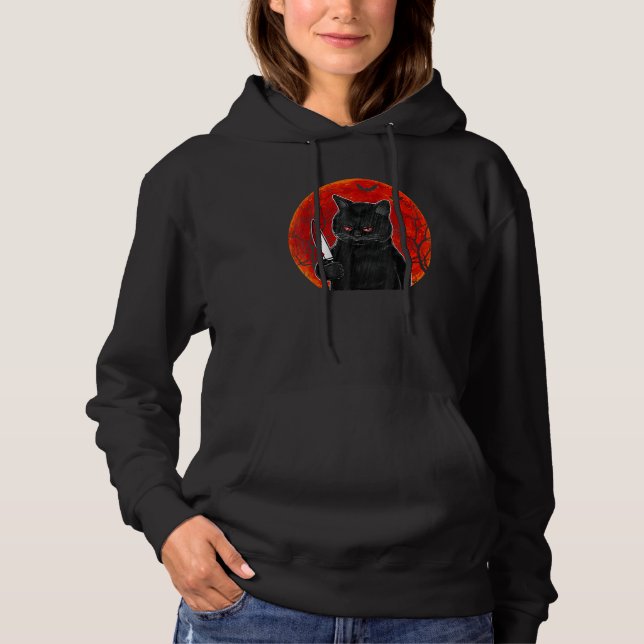 Cat What  Murderous Black Cat With Knife Halloween Hoodie (Vorderseite)