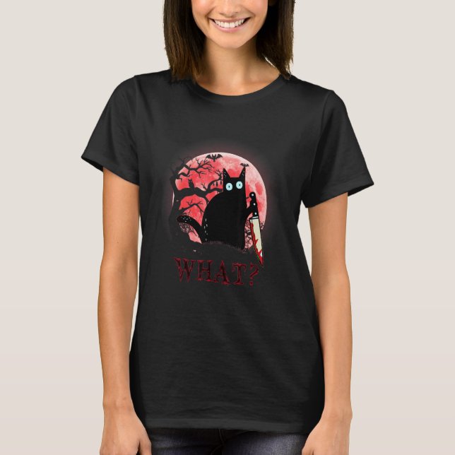 Cat What Murderous Black Cat With Knife Halloween  T-Shirt (Vorderseite)