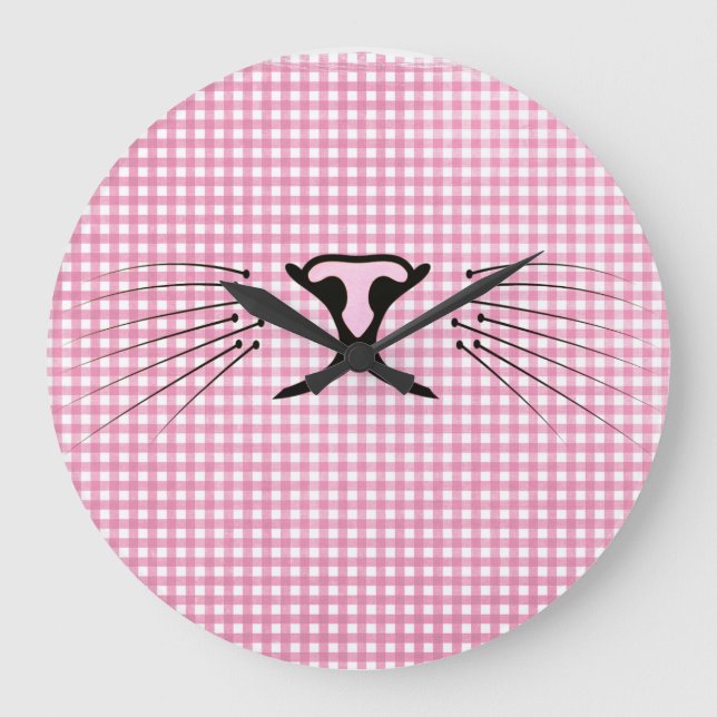 Cat Whiskers on Pink and White Gingham Große Wanduhr (Vorderseite)