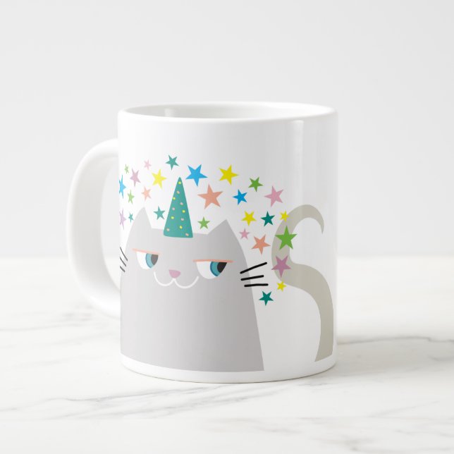 Cat White Unicorn Caticorn Farbenfrohe Sterne Chic Jumbo-Tasse (Vorderseite Links)