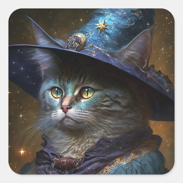 Cat Witch Fantasy Art Quadratischer Aufkleber (Vorderseite)