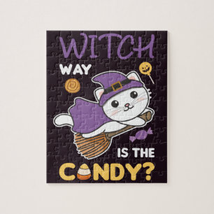 Cat Witch Hexe Way ist das Candy Happy Halloween J Puzzle