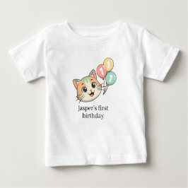 Cat with 3 Blue Balloons 1st Birthday  Baby T-shirt
