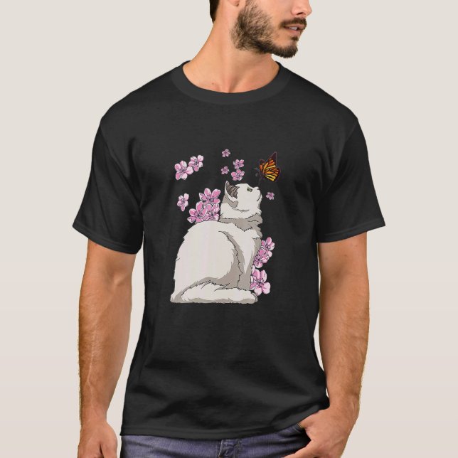 Cat With Butterfly Japanese Sakura Cherry Blossom T-Shirt (Vorderseite)
