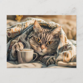 Cat with coffee and book in cozy blanket feiertagspostkarte