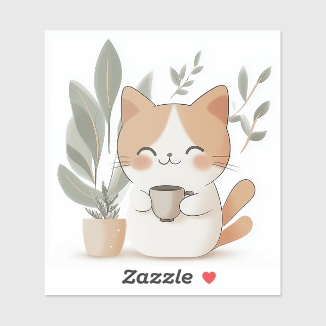 Cat with Cup and Pflanze Friends Laptop Sticker (Blatt)