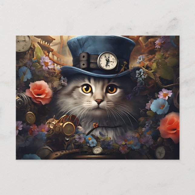 cat with Cylinder and flowers in steam Punk Style Postkarte (Vorderseite)