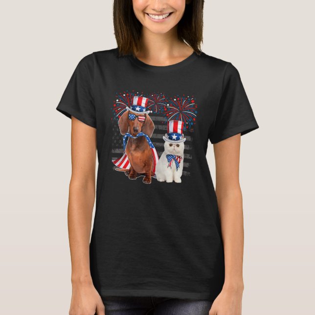 Cat With Dachshund Sunglasses American Flag 4th Of T-Shirt (Vorderseite)