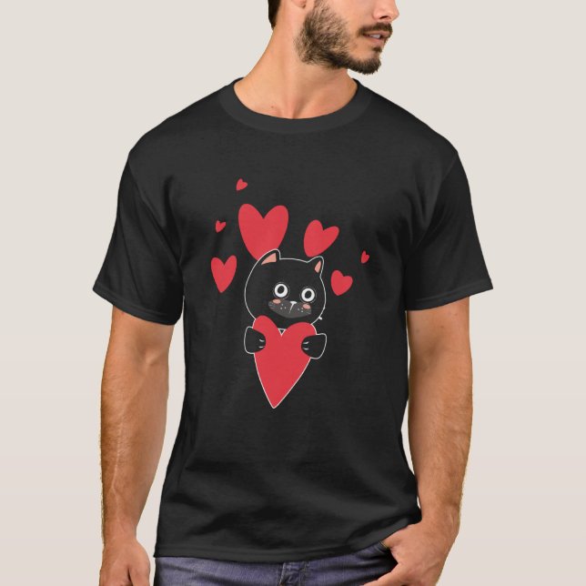 Cat With Heart Relationship Love Romantic Valentin T-Shirt (Vorderseite)