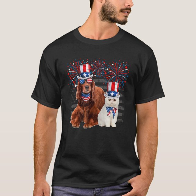 Cat With Irish Setter Sunglasses American Flag 4th T-Shirt (Vorderseite)