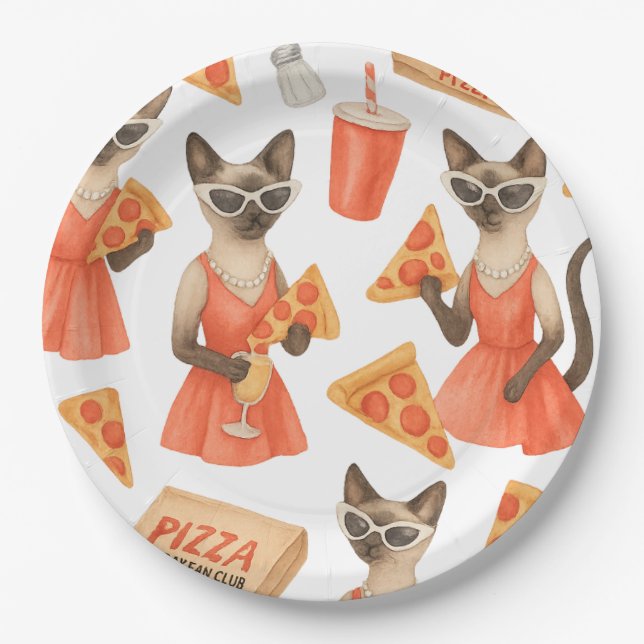 Cat with pizza for Siamese Cat Lovers Pappteller (Vorderseite)