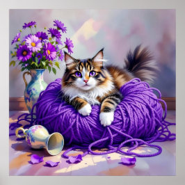 Cat with Purple Eyes in Purple Yarn and Flowers Poster