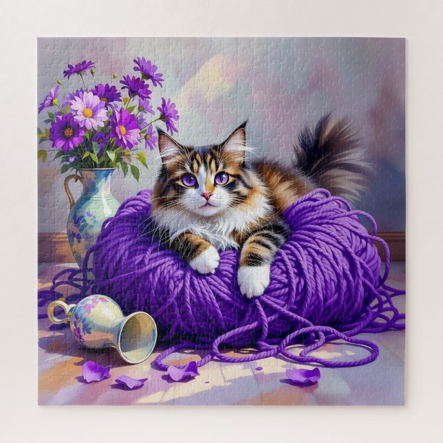 Cat with Purple Eyes in Purple Yarn and Flowers Puzzle (Vertikal)