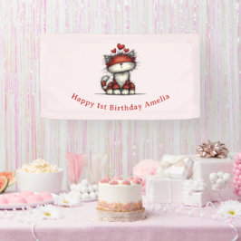 Cat with Red Love Hearts Cute and Fun Birthday Banner