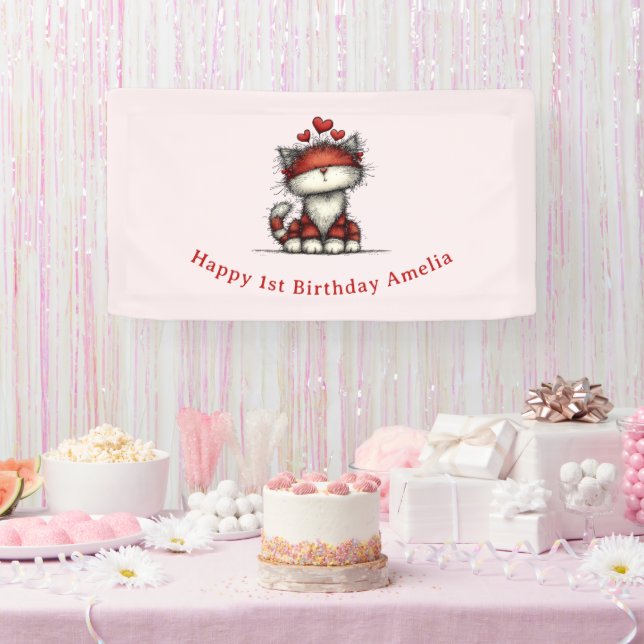 Cat with Red Love Hearts Cute and Fun Birthday Banner (Party)
