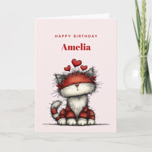 Cat with Red Love Hearts Cute and Funny Birthday Karte (Vorderseite)