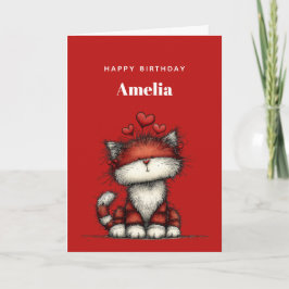 Cat with Red Love Hearts Cute and Funny Birthday Karte