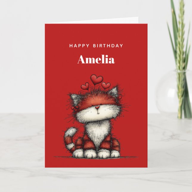 Cat with Red Love Hearts Cute and Funny Birthday Karte (Vorderseite)