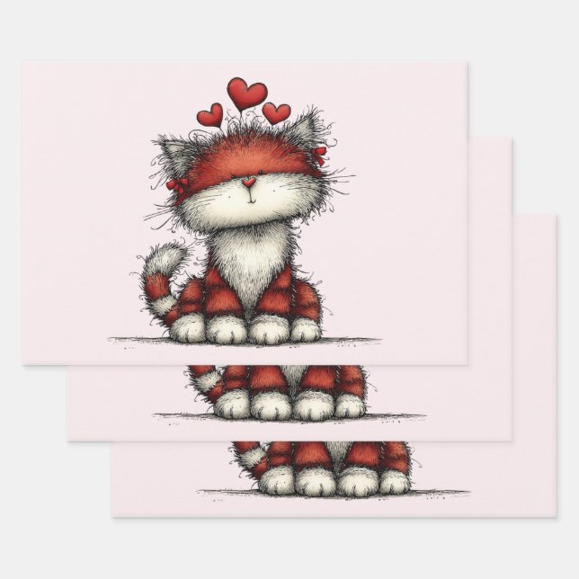 Cat with Red Love Hearts Cute and Funny Geschenkpapier Set (Set)