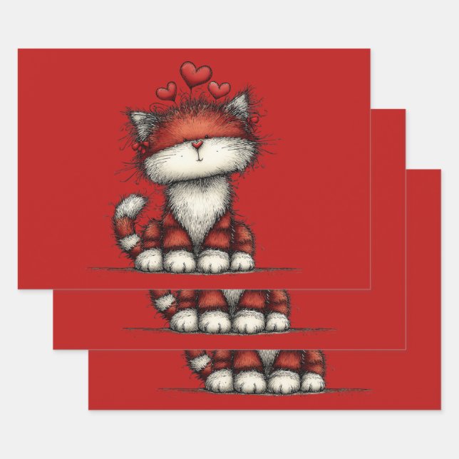Cat with Red Love Hearts Cute and Funny Geschenkpapier Set (Set)