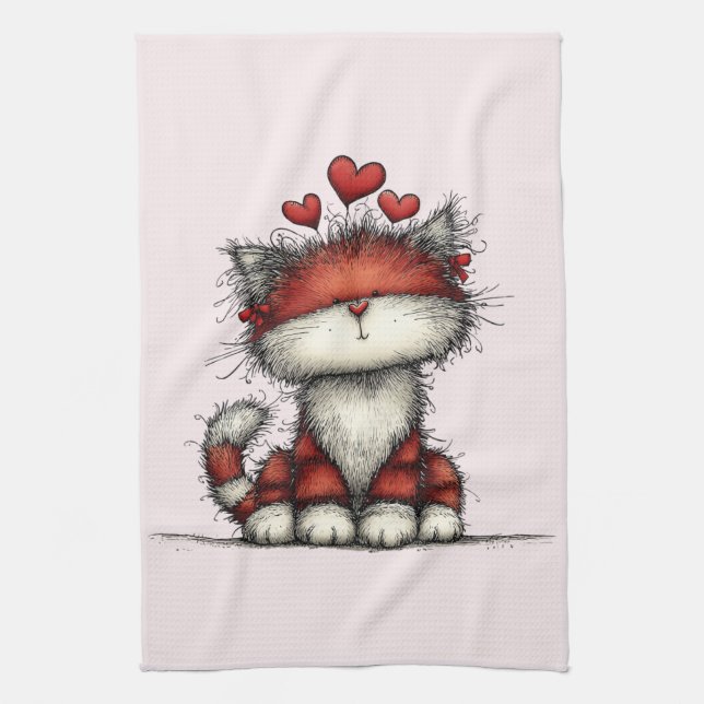 Cat with Red Love Hearts Cute and Funny Geschirrtuch (Vertikal)
