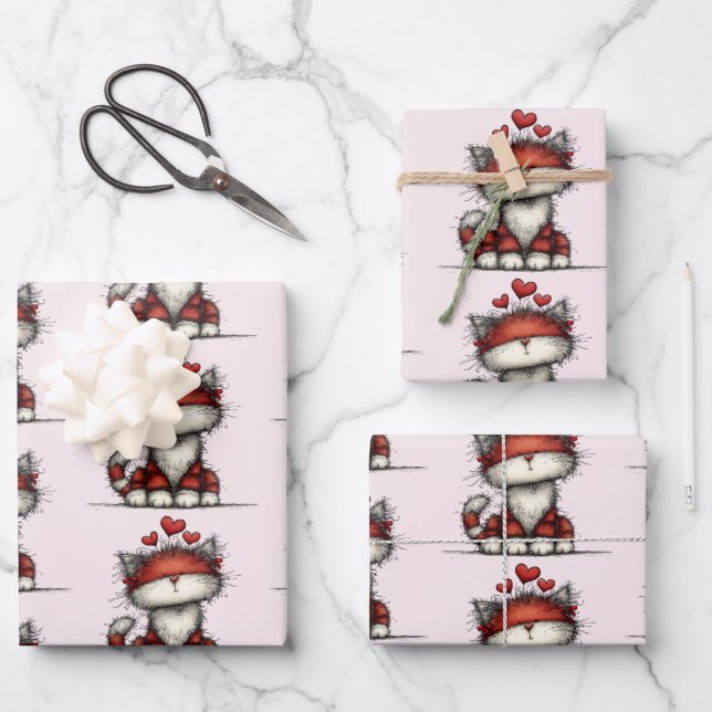 Cat with Red Love Hearts Cute and Funny Pattern Geschenkpapier Set (Vorderseite)