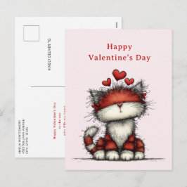 Cat with Red Love Hearts Cute Fun Valentine's Day Feiertagspostkarte