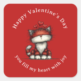 Cat with Red Love Hearts Cute Fun Valentine's Day Quadratischer Aufkleber