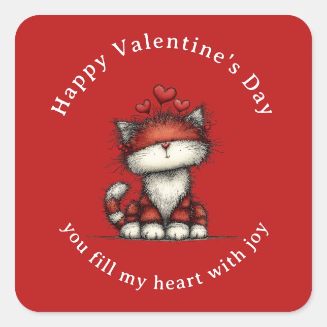 Cat with Red Love Hearts Cute Fun Valentine's Day Quadratischer Aufkleber (Vorderseite)