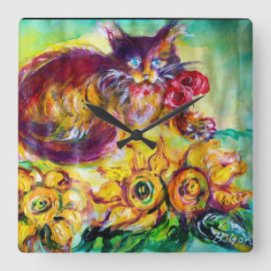 CAT WITH RED RIBBON AND SUNFLOWERS QUADRATISCHE WANDUHR