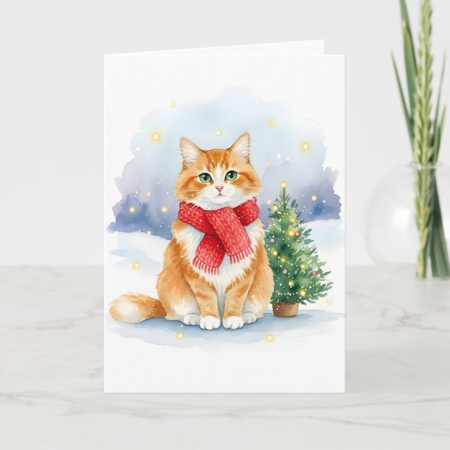Cat with Red Scarf and Christmas Tree Watercolor Karte (Vorderseite)