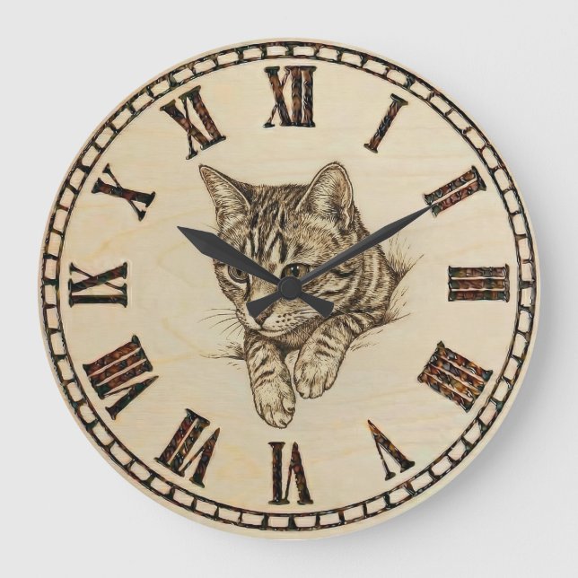 Cat wooden Wall Clock  Große Wanduhr (Vorderseite)