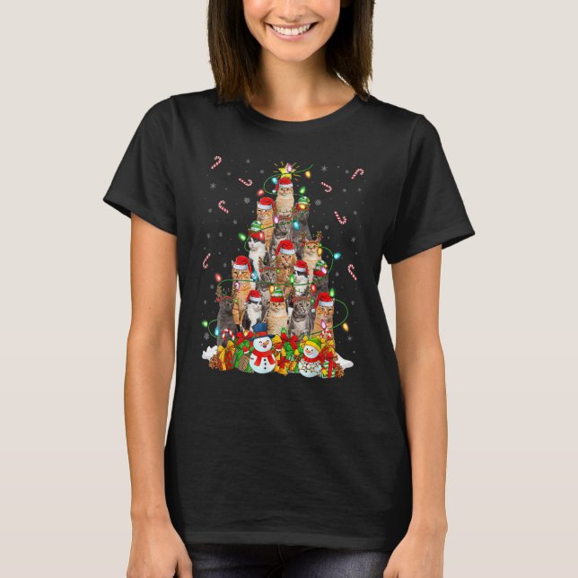 Cat Xmas Lighting Tree Santa Cat Christmas T-Shirt (Vorderseite)