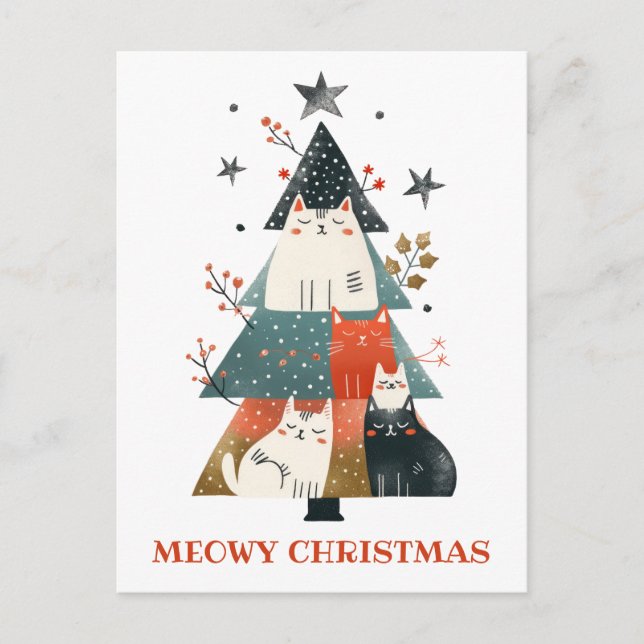 Cat Xmas Tree Whimsical & Funny Meowy Weihnachten Postkarte (Vorderseite)