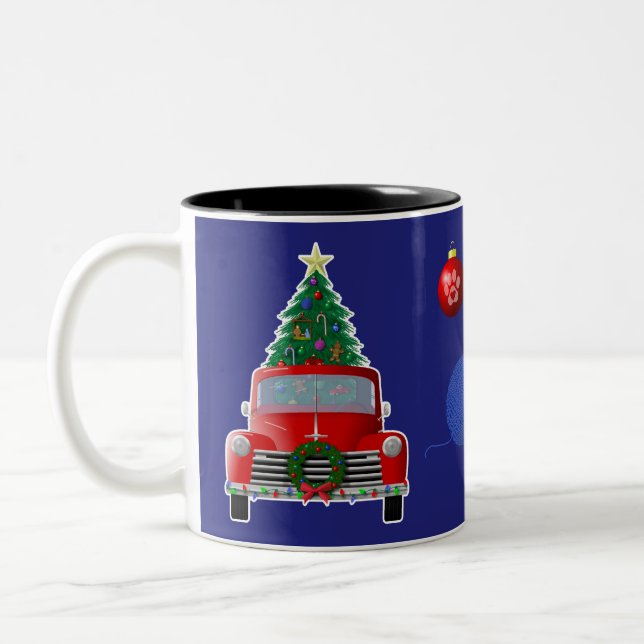 Cat Yarn Christmas Tree Little Red Truck Zweifarbige Tasse (Links)