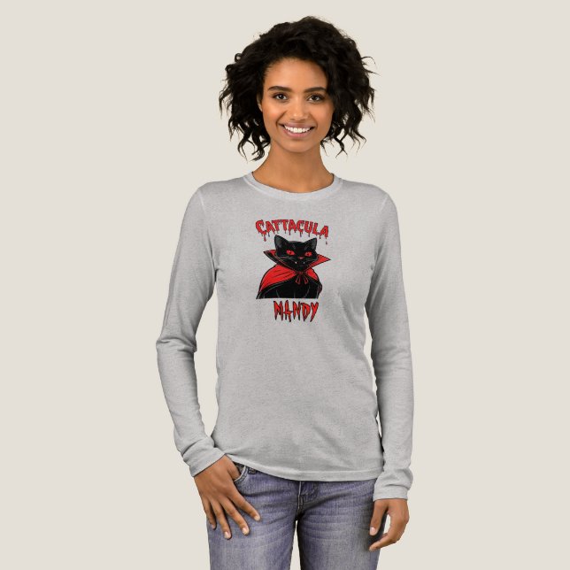 Catacula Black Vampire Cat Halloween Tri-Blend Shirt (Volle Vorderseite)