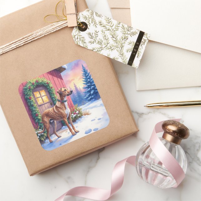 Catahoula Leopard Dog Rustic Barn Christmas Art Quadratischer Aufkleber (Schenken)