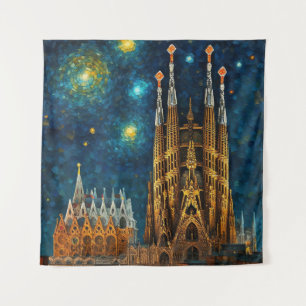 Catalan Starry Night   Gaudí trifft Van Gogh Wandteppich