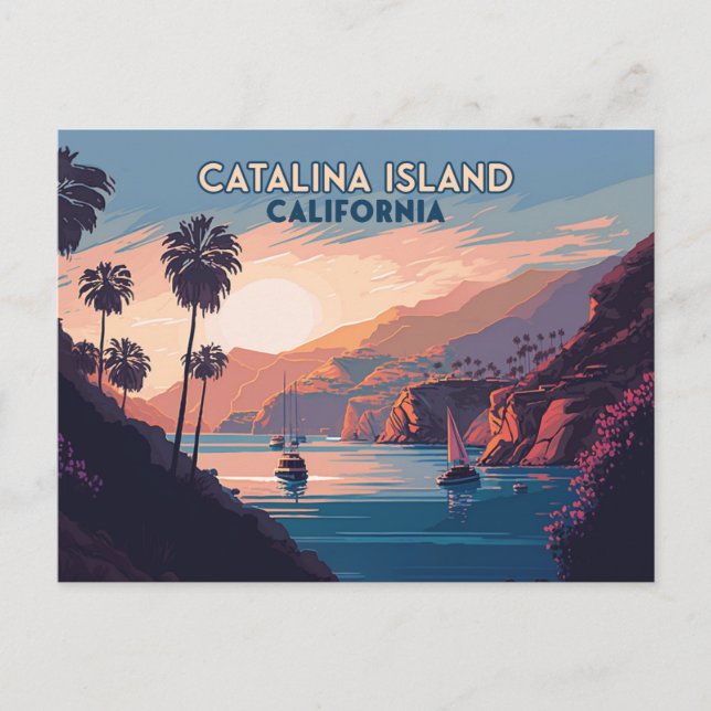 Catalina Island California Boote Sunset Retro Postkarte (Vorderseite)