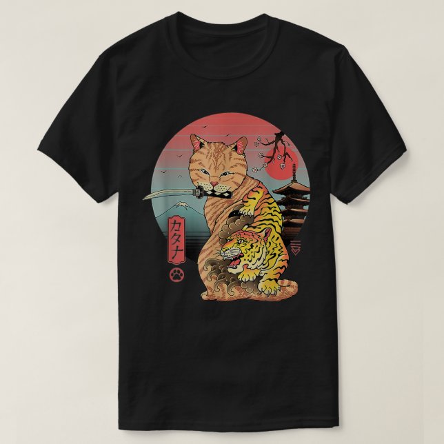Catana in Edo Cat Attooed Samurai Katze Japanisch  T-Shirt (Design vorne)