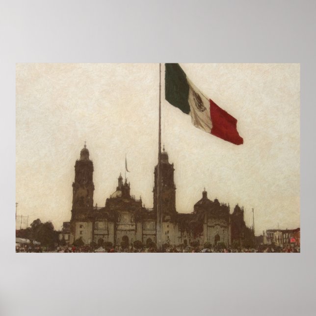 Catedral en el Zocalo del DF con la Bandera 12 Poster (Vorne)
