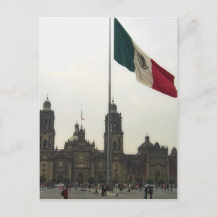 Catedral en el Zocalo del DF & la Bandera Mexicana Postkarte