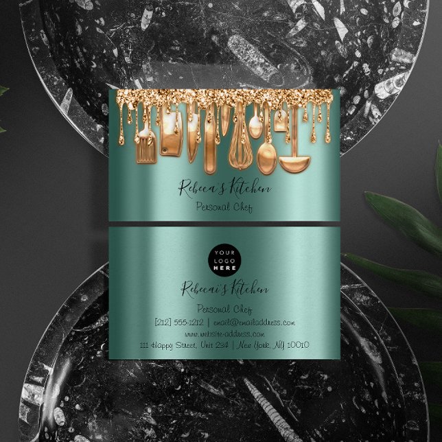Catering Personal Koch Restaurant Tropfen Rose Grü Visitenkarte (Von Creator hochgeladen)