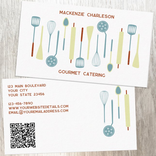 Catering Retro Kitchen QR Code Visitenkarte (Retro kitchen utensils QR code catering cafe restaurant bakery custom business card)