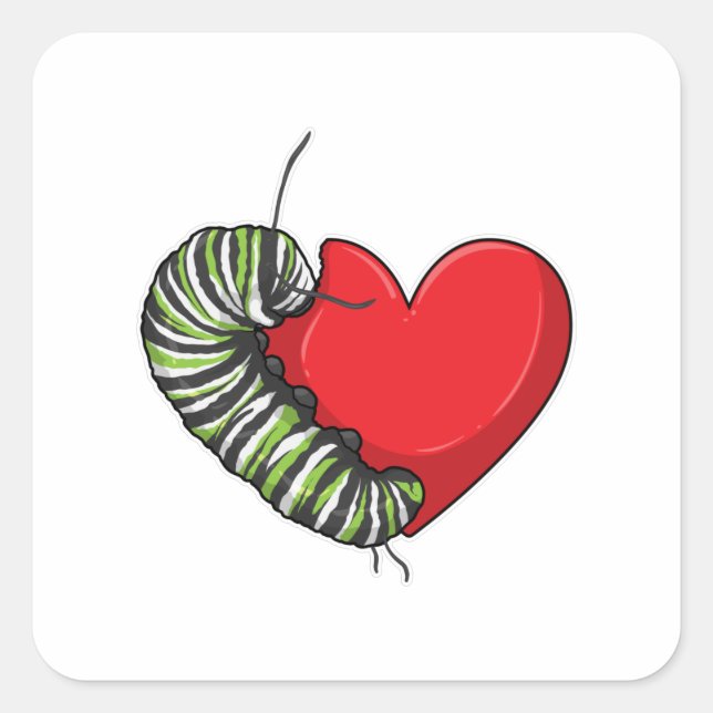 Caterpillar Love Heart Quadratischer Aufkleber (Vorderseite)