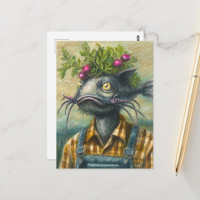 Catfish Gardener Surreal Postkarte (Vorderseite/Rückseite Beispiel)