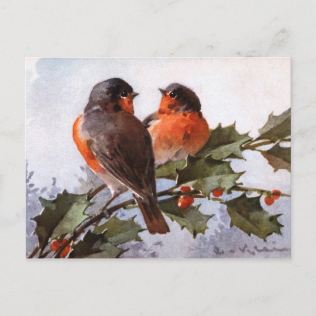 Catherine Klein: Robins on Holly Postkarte (Vorderseite)