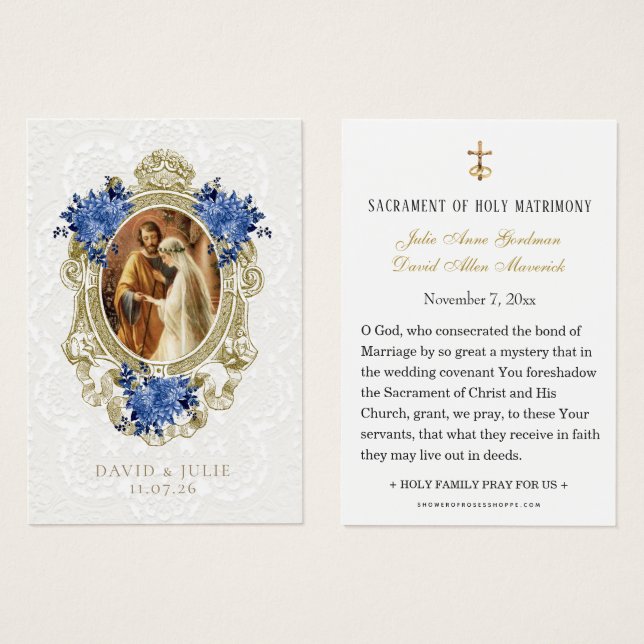 Catholic Blue Floral Gold Wedding Holy Card (Vorne & Hinten)