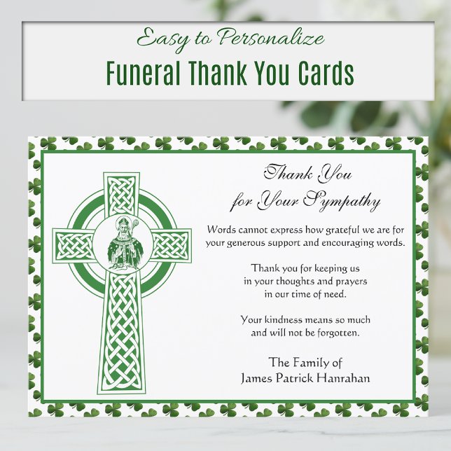 Catholic Condolence Irish St. Patrick Kleeblatts Dankeskarte (Irish Celtic Cross and St. Patrick Funeral Thank you cards)