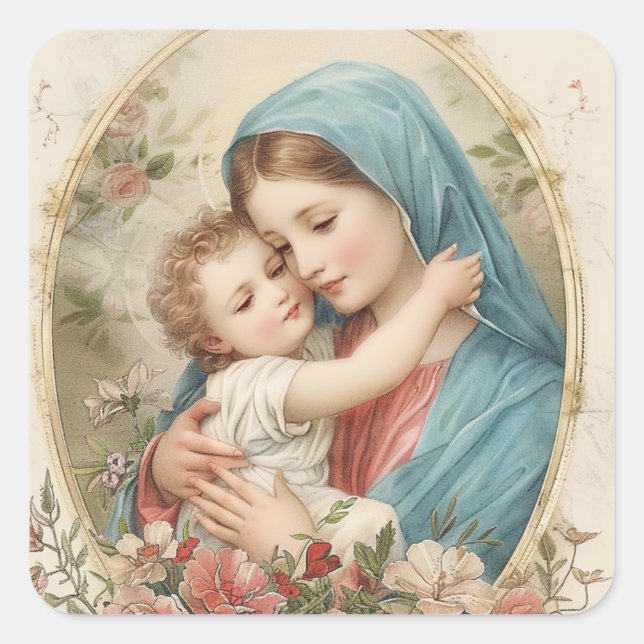 Catholic Virgin Mary Baby Jesus Floral  Quadratischer Aufkleber (Vorderseite)